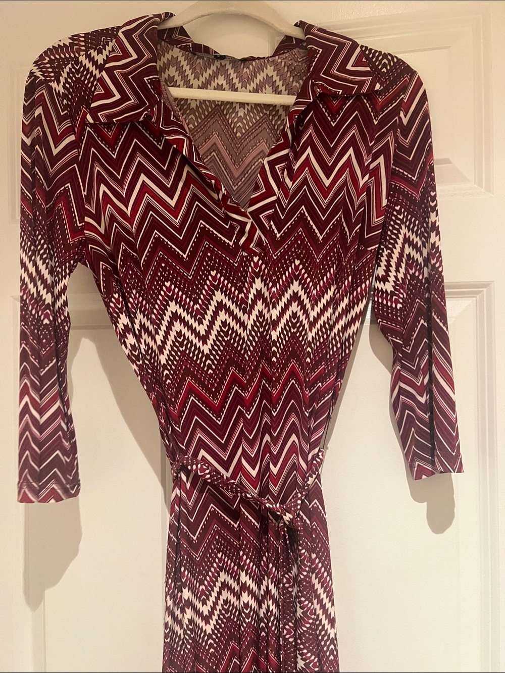 Mlle Gabrielle Burgundy and Cream Chevron Midi Dress 70s Style